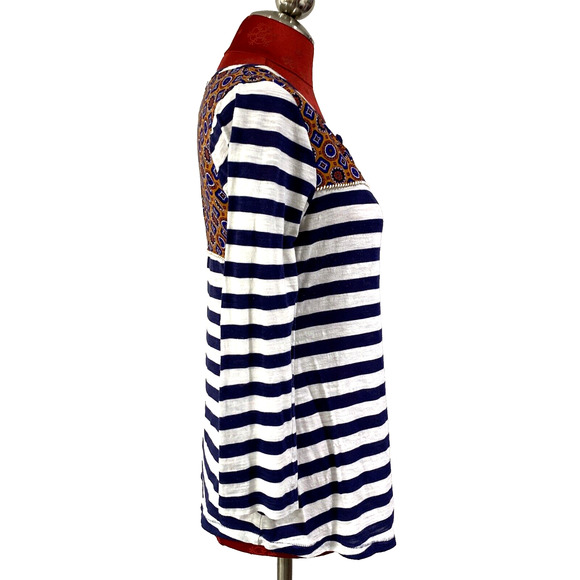 Anthropologie Postage Stamp Shirt Navy Striped Size M Roll Tab Sleeves Boho Chic - Picture 8 of 10